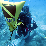 A scuba diver using a quad bag to hold air
